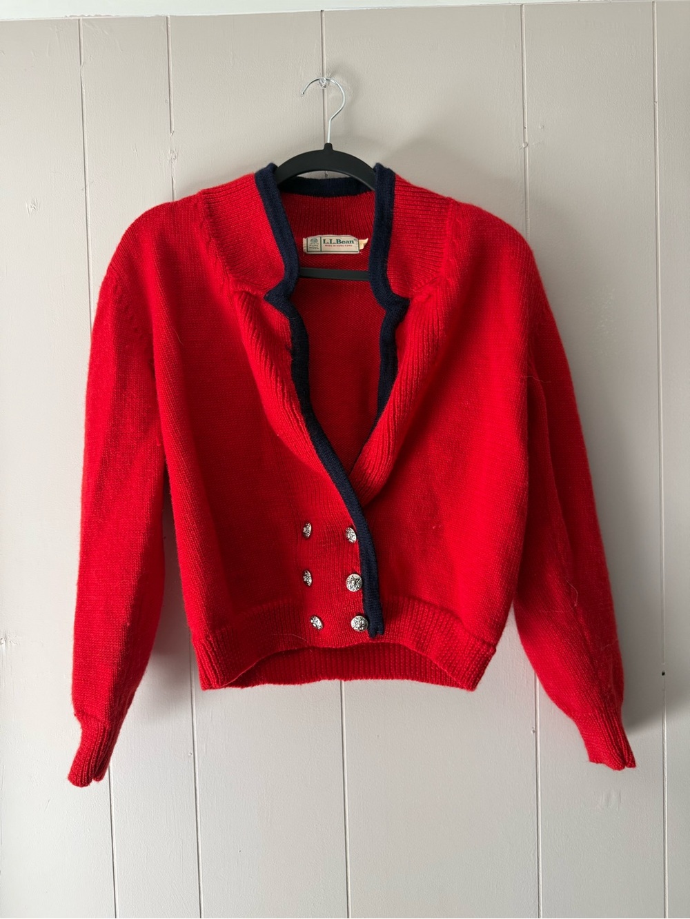 Vintage L.L.Bean 100% Wool Cardigan Red Navy Concho Buttons Women’s L
